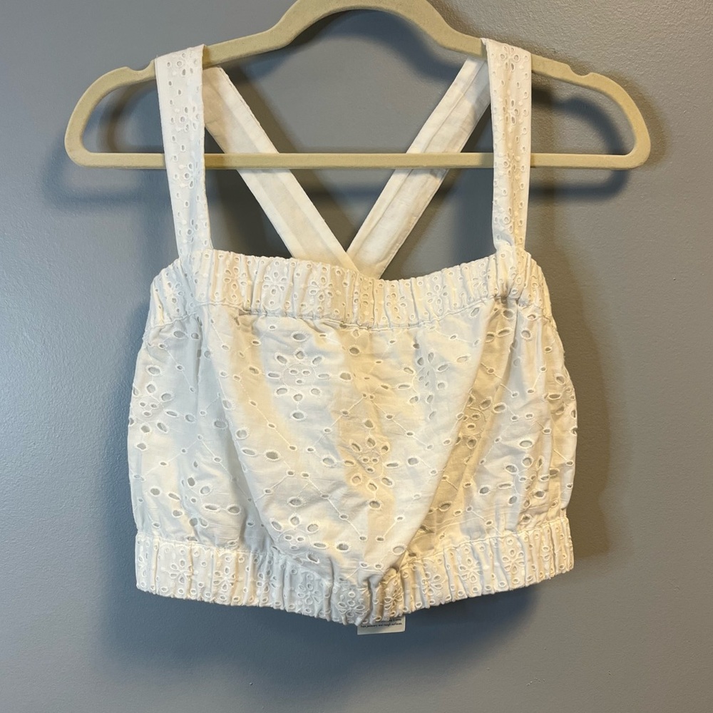 Boden Top White Eyelet Cropped Criss Cross Strap Blouse Sz US 8 NWT